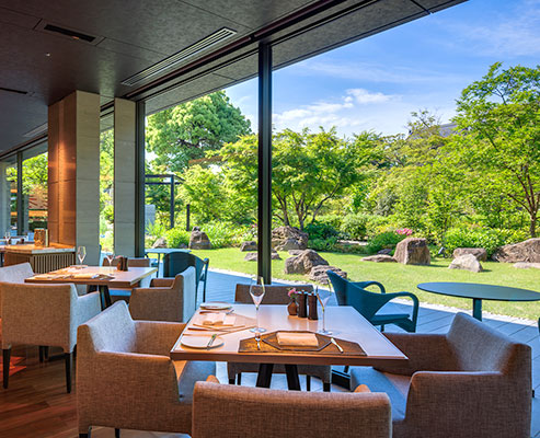 Inside the restaurant with a view of the garden