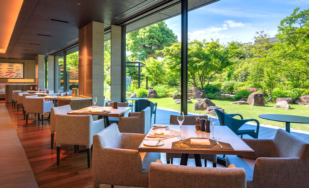 Inside the restaurant with a view of the garden