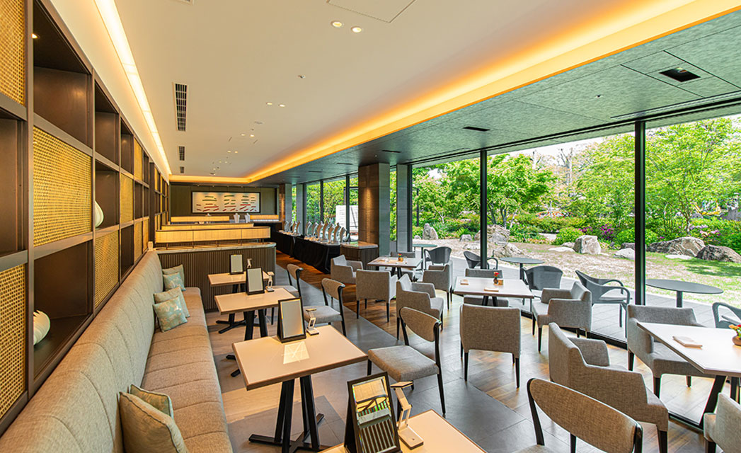 Inside the restaurant with a view of the garden